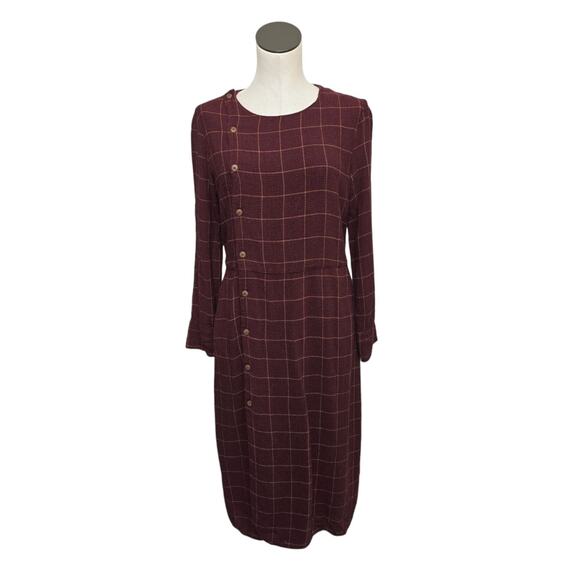 Sita Murt Burgundy Plaid Midi Dress Size 40 US 8 Fall Preppy Lagenlook Buttons - Picture 1 of 10